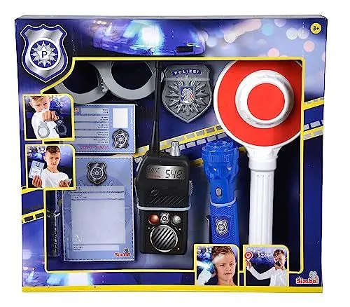 Produktbild: Simba 108101003 - Verkehrspolizei Einsatzset, 7 Teile, Taschenlampe, Kelle, Handschellen, Polizeimarke, Strafzettel, Ausweis, Funkgerät, Rollenspiel, Fasching, ab 3 Jahre
