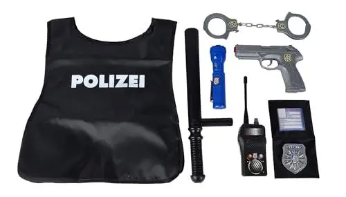 Produktbild: Simba 108102665 - Polizei Einsatz Set, Polizeiweste, Taschenlampe, Funkgerät, Handschellen, Pistole, Schlagstock, Mappe, Marke, Kinder Rollenspiel, ab 3 Jahren