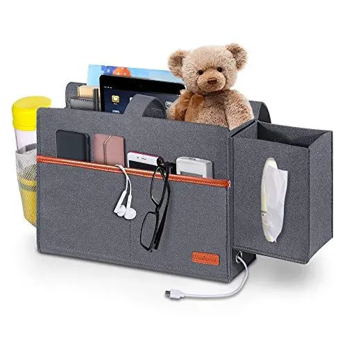 Produktbild: SIMBOOM Bett Tasche Filz Organizer, Bettablage Aufbewahrungstasche mit Tücherbox und Flaschenhalter Anti-Rutsch Nachttisch-Caddy für Buch, Zeitschriften, iPad, Handy, Fernbedienung - Blau Grau