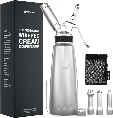 Produktbild: SimCoker Sahnespender,Edelstahl Sahnesiphon 500ml,inklusive Ersatzteile 3 Spritztüllen und 1 Reinigungbürste, Schlagsahnebereiter,Deutsche Anweisungen