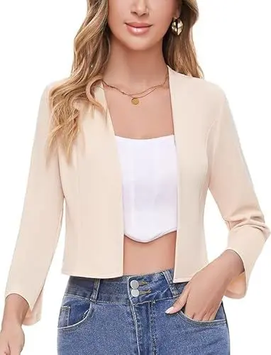 Produktbild: SIMIYA Blazer Damen Elegant, Kurz 3/4 Ärmel Blazer für Damen Slim Fit Büro Arbeit Keine Knöpfe(Aprikose,S)
