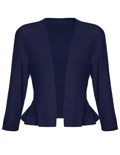 Produktbild: SIMIYA Damen Strickjacke Rüschensaum Kurze Bolero, 3/4 Ärmel Festlich Elegant Cardigan, Strickmantel, weicher Strickblazer mit Offener Vorderseite (Marine Blau, M)