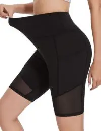 Produktbild: SIMIYA Radlerhose Damen Kurze Sporthose Leggings High Waist Mesh Gespleißtes Bein Sportshorts Doppelte Taschen für Yoga Gym（Schwarz-Mesh Gespleißtes，S）