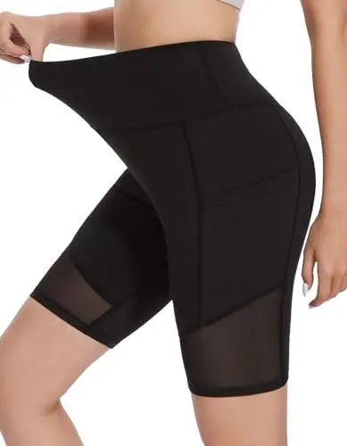 Produktbild: SIMIYA Radlerhose Damen Kurze Sporthose Leggings High Waist Mesh Gespleißtes Bein Sportshorts Doppelte Taschen für Yoga Gym（Schwarz-Mesh Gespleißtes，XXL）