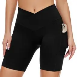 Produktbild: SIMIYA Radlerhose Damen Sporthose Kurze Leggings High Waist mit Tasche Unterhosen V-förmiges Design Sommer für Yoga Gym（Schwarz V-förmiges，S）