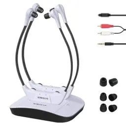 Produktbild: SIMOLIO Dual 2.4GHz Digitale TV Hörsystem, Kabelloser Kopfhörer für Fernseher & Musikanlagen mit ErsatzAkku, TV Funkkopfhörer für Senioren, Kinnkopfhörer, Optisch, RCA, AUX, TV Hörverstärker SM-824D2