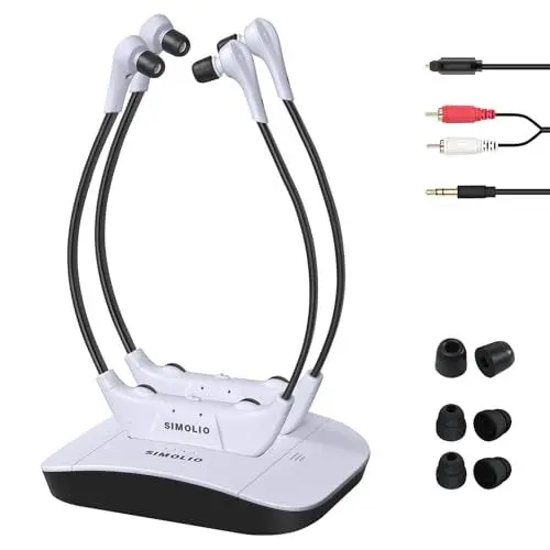 Produktbild: SIMOLIO Dual 2.4GHz Digitale TV Hörsystem, Kabelloser Kopfhörer für Fernseher & Musikanlagen mit ErsatzAkku, TV Funkkopfhörer für Senioren, Kinnkopfhörer, Optisch, RCA, AUX, TV Hörverstärker SM-824D2