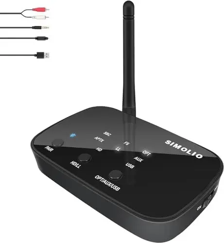 Produktbild: SIMOLIO JH201D Bluetooth Transmitter für TV, aptX Low Latency Bluetooth Sender Adapter für 2 BT Kopfhörer/Lautsprecher, Wireless Audio Adapter mit bis zu 197 Fuß Reichweite, Optisch, 3,5 mm AUX, RCA