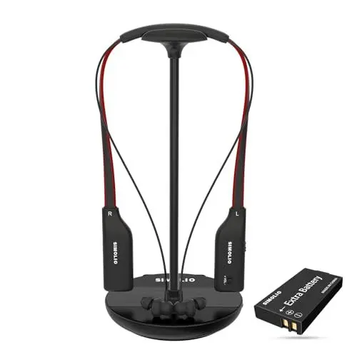 Produktbild: SIMOLIO TV Kopfhörer Kabellos mit Sendeladestation, Funkkopfhörer für Fernseher mit Ersatzbatterie für Senioren, 2.4GHz Wireless Headset mit 100ft Reichweite & Audio Bypass zur Soundbar