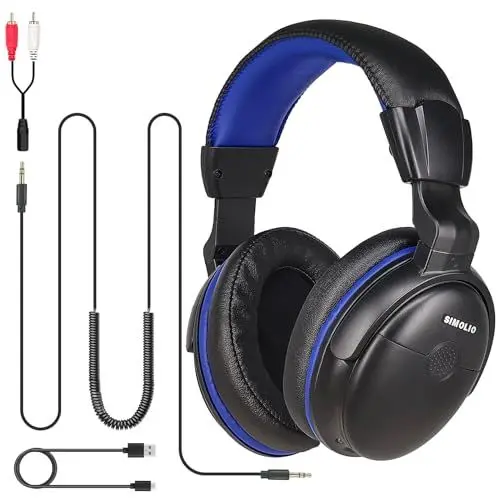 Produktbild: SIMOLIO TV Kopfhörer mit langem Kabel, Over Ear Headset für Fernseher mit Tonverstärkung, Tonregler & Lautstärkeregler, 18ft Spulenkabel mit Clip, 3.5mm AUX & RCA Audio, 40 Std. Spielzeit, SM-905TV