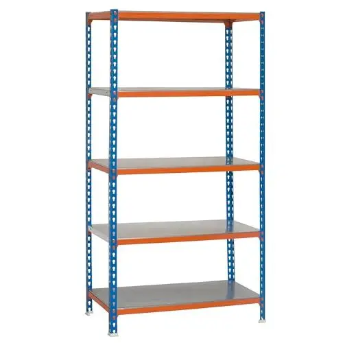 Produktbild: Simon Rack Simonclick Regal mit 5 Ebenen, 180 kg Tragkraft und Biegepunkt, 1800 x 800 x 300 mm, Schwerlastregal, Garagenregal, blau/orange/verzinkt