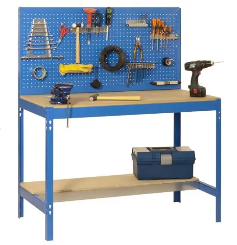 Produktbild: SimonRack Werkbank 600 kg Belastbarkeit, 144,5x121x61 cm, Große Arbeitsfläche Arbeitsfläche, Arbeitstisch, Holz-Arbeitsplatte, Blau/Holz - BT2