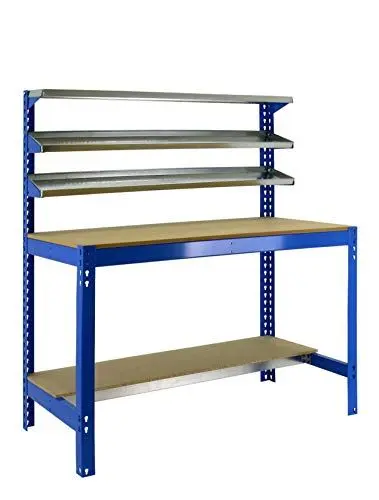 Produktbild: SimonRack Werkbank 600 kg Belastbarkeit, 144,5x151x76 cm, Große Arbeitsfläche Arbeitsfläche, Arbeitstisch, Holz-Arbeitsplatte, Blau/Holz - BT1