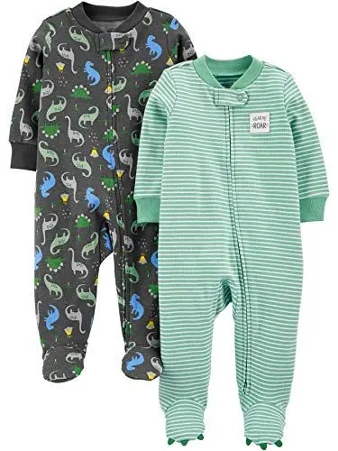 Produktbild: Simple Joys by Carter's Baby-Jungen 2-Pack 2-Way Zip Cotton Footed Sleep and Play Kleinkindschläfer, Dunkelgrau Dinosaurier/Minzgrün Streifen, Frühchen (2er Pack)