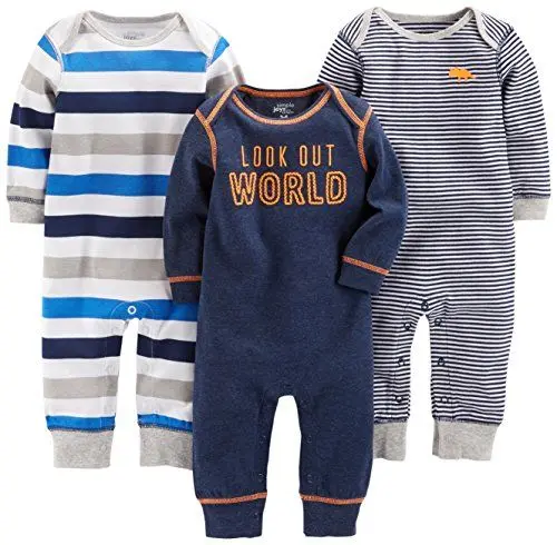 Produktbild: Simple Joys by Carter's Baby-Jungen 3-Pack Jumpsuits Spieler, Grau Meliert Rugby-Streifen/Marineblau Textaufdruck/Weiß Streifen, 0 Monate (3er Pack)