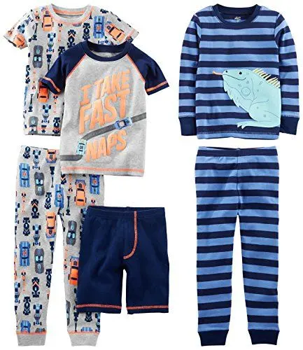 Produktbild: Simple Joys by Carter's Baby-Jungen 6-Piece Snug Fit Cotton Pajama Set Pyjamaset, Grau Autos/Marineblau Streifen/Textaufdruck, 18 Monate (3er Pack)