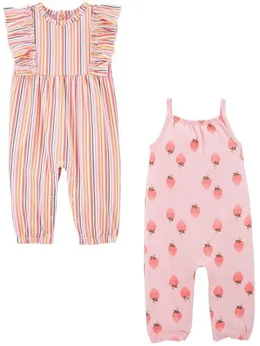 Produktbild: Simple Joys by Carter's Baby-Mädchen 2-Pack Fashion 2er-Pack modische Jumpsuits, Rosa Strawberries/Weiß Vertikale Streifen, 0 Monate