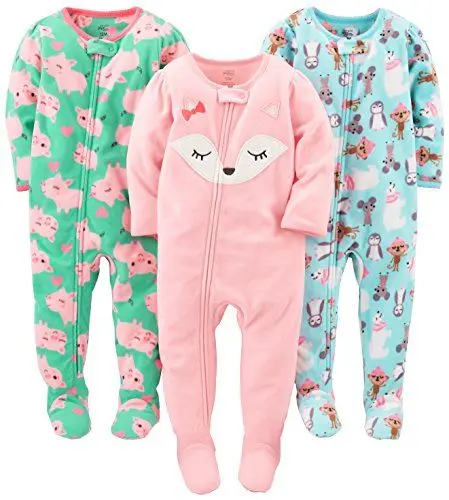 Produktbild: Simple Joys by Carter's Baby-Mädchen 3-Pack Loose Fit Flame Resistant Fleece Footed Pajamas Schlafstrampler, Blau Pinguin/Grün Schweinchen/Rosa Fuchs, 18 Monate (3er Pack)