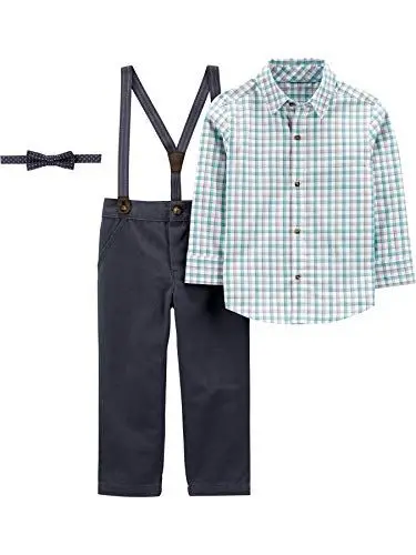 Produktbild: Simple Joys by Carter's Baby Jungen 3-Piece Special Occasion Bow-Tie and Suspender Pants Kleinkind-Erstausstattungs-Set, Grün Grau Kariert/Kohlegrau/Marineblau Punkte, 4 Jahre