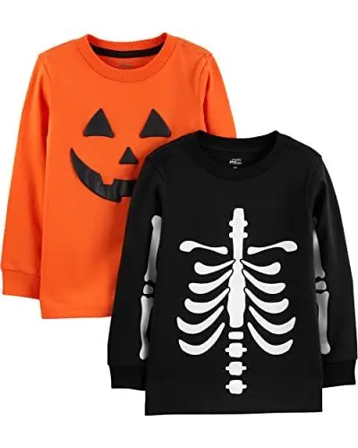 Produktbild: Simple Joys by Carter's Jungen Langärmelige Halloween-T-Shirts, 2er-Pack, Halloween Kürbis Aufdruck/Skelett, 5 Jahre