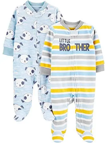 Produktbild: Simple Joys by Carter's Baby Jungen Schlaf- und Spielanzug aus Fleece mit Füßen, 2er-Pack, Hellblau Hunde/Weiß Streifen, Frühchen