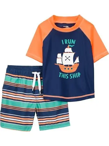Produktbild: Simple Joys by Carter's Baby Jungen Swimsuit Trunk and Rashguard Rash-Guard-Set, Marineblau Orange Schiffe/Weiß Streifen, 2 Jahre