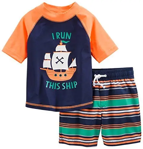 Produktbild: Simple Joys by Carter's Baby Jungen Swimsuit Trunk and Rashguard Rash-Guard-Set, Marineblau Orange Schiffe/Weiß Streifen, 3-6 Monate