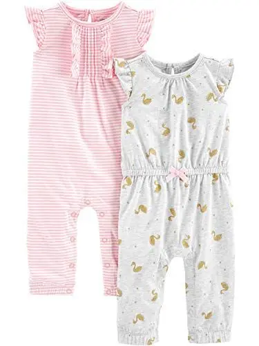 Produktbild: Simple Joys by Carter's Baby Mädchen 2-Pack Fashion Jumpsuits Overall, Grau Schwäne/Rosa Streifen, 0 Monate (2er Pack)