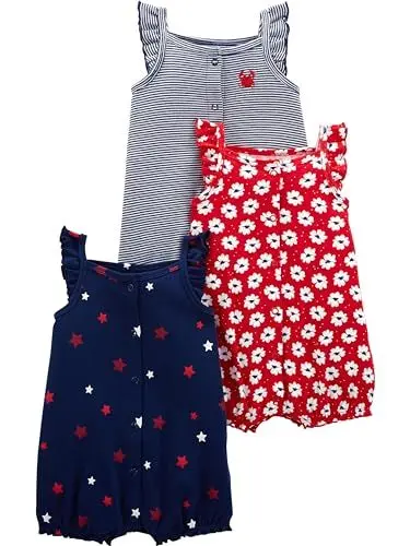 Produktbild: Simple Joys by Carter's Baby Mädchen 3-Pack Snap-up Rompers Strampelhose, Rot/Weiß/Blau, 12 Monate (3er Pack)