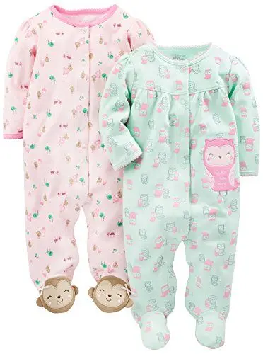 Produktbild: Simple Joys by Carter's Baby Mädchen Schlaf- und Spielanzug aus Baumwolle mit Füßen und Druckknöpfen, 2er-Pack, Minzgrün Eules/Rosa Affe, 0-3 Monate