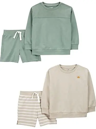 Produktbild: Simple Joys by Carter's Jungen 4-Piece French Terry Long-Sleeve Shirts and Shorts Playwear-Sets, Beige Streifen/Flaschengrün, 18 Monate (4er Pack)