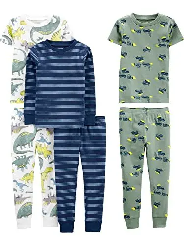 Produktbild: Simple Joys by Carter's Jungen 6-Piece Snug Fit Cotton Pajama Set Pyjamaset, Blau Streifen/Grün Konstruktion/Weiß Dinosaurier, 12 Monate (3er Pack)