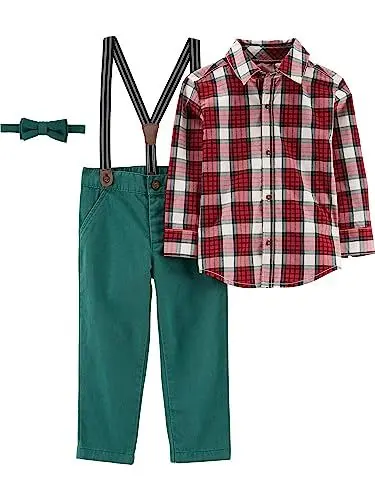 Produktbild: Simple Joys by Carter's Baby-Jungen 4 3-teiliges Set mit Fliege und Strapshose für besondere Anlässe, Olivenheide/Rot Tartan Plaid, 18 Monate (4er Pack)