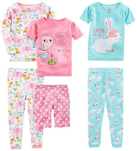 Produktbild: Simple Joys by Carter's Mädchen 6-Piece Snug Fit Cotton Pajama Set Pyjamaset, Blau Kaninchen/Rosa Punkte/Weiß Waldtiere, 6-9 Monate (3er Pack)