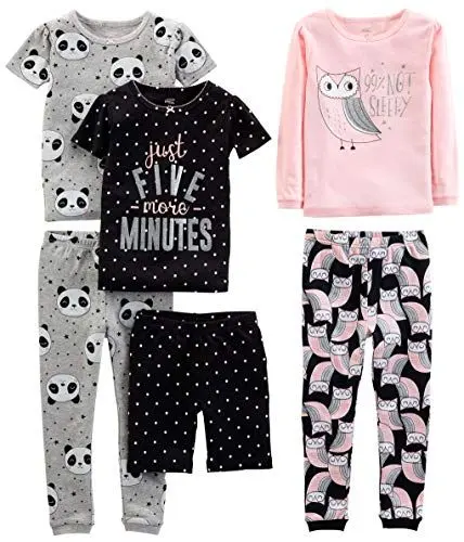 Produktbild: Simple Joys by Carter's Mädchen 6-Piece Snug Fit Cotton Pajama Set Pyjamaset, Grau Panda/Rosa Eule/Schwarz Punkte, 6-9 Monate (3er Pack)