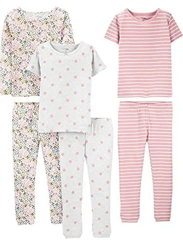 Produktbild: Simple Joys by Carter's Mädchen 6-Piece Snug Fit Cotton Pajama Set Pyjamaset, Grau Punkte/Rosa Streifen/Weiß Streublumen, 6-9 Monate (3er Pack)