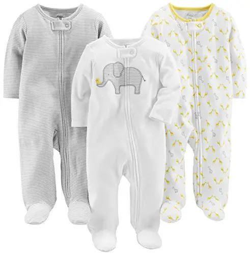 Produktbild: Simple Joys by Carter's Unisex Baby 3-Pack Neutral Sleep Play Infant-and-Toddler-Bodysuits, Hellgrau Ministreifen/Weiß Elefant/Giraffe, 0 Monate (3er Pack)