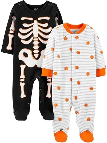 Produktbild: Simple Joys by Carter's Unisex Baby Halloween-Strampelanzug, Baumwolle, mit Druckknöpfen an Füßen, 2er-Pack, Halloween-kürbis/Skelett, Frühchen