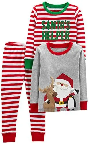 Produktbild: Simple Joys by Carter's Unisex Kinder 3-Piece Snug-Fit Cotton Christmas Pajama Set Pyjamaset, Grau Weihnachtsmann/Rot Streifen, 6-9 Monate (3er Pack)