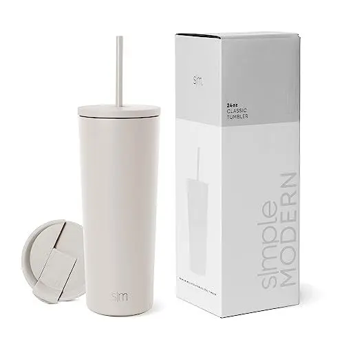 Produktbild: Simple Modern Thermobecher mit Strohhalm und Deckel | Trinkbecher mit Henkel Wiederverwendbare Edelstahl | Geschenke für Frauen und Männer | Classic | 710ml | Almond Birch
