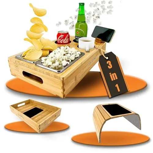 Produktbild: SIMPLEX DOMO Couchbar Snackbox mit anpassbarer Couch Ablage | Couch Organizer umbaubar | hochwertiger Bambus | Couchtablett mit Getränkehalter für Tassen | In- und Outdoor | Für die ganze Familie
