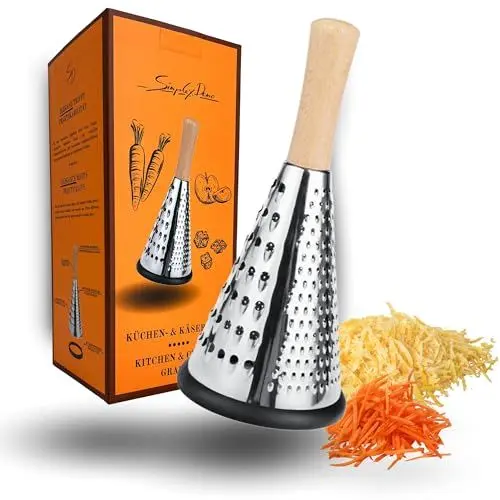 Produktbild: SIMPLEX DOMO Küchenreibe – Kegel-Design – Buchenholzgriff, Edelstahl, ergonomisch, 3 Schnittflächen, Parmesanreibe, Käsereibe, Zitronenreibe, stilvoll und vielseitig – ideal für Hobby- und Profiköche