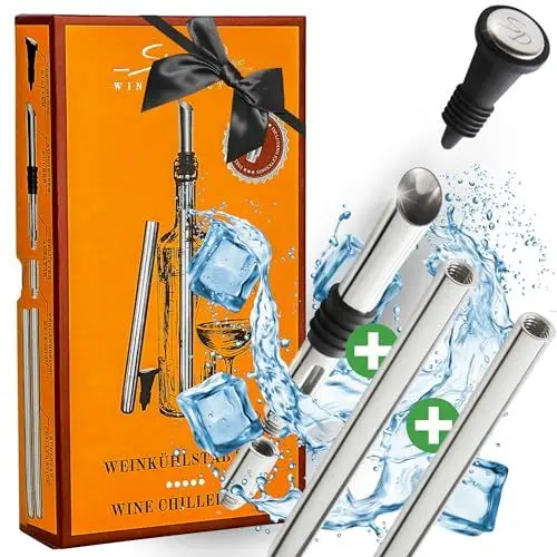 Produktbild: SIMPLEX DOMO Weinkühlstab Set – Edelstahl Ausgießer & 2x Weinkühlerstab, inkl. Verlängerung & Flaschenverschluss, Elegante Geschenkbox – Für langanhaltenden Weingenuss