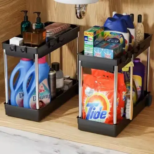 Produktbild: SIMPLY ORGANIZED Mehrzweck Organizer 2 Stk | Ordnung für Küche & Bad | Unter Waschbecken Regal mit Edelstahlrohren | Spülbecken Unterschrank aufbewahrung | Gewürzregal Badregal Küchenorganizer