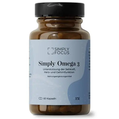 Produktbild: Simply Focus - Simply Omega 3 Kapseln hochdosiert mit je 1000 mg Fischöl – EPA & DHA zur Erhaltung der normalen Herz- und Gehirnfunktion und Unterstützung der Sehkraft – Gluten und Laktose frei