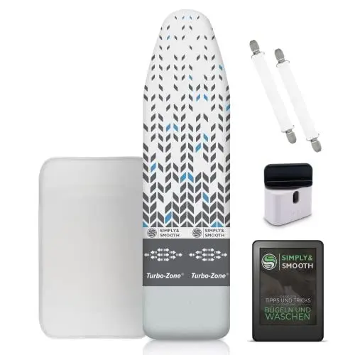 Produktbild: SimplySmooth Turbo Bügelbrettbezug 140x40 für Dampfbügeleisen geeignet - Made in EU Bügeltischbezug mit Spannern, Kordeldreher, Bügeltuch und E-Book - Schnelles bügeln Dank Komfortpolsterung
