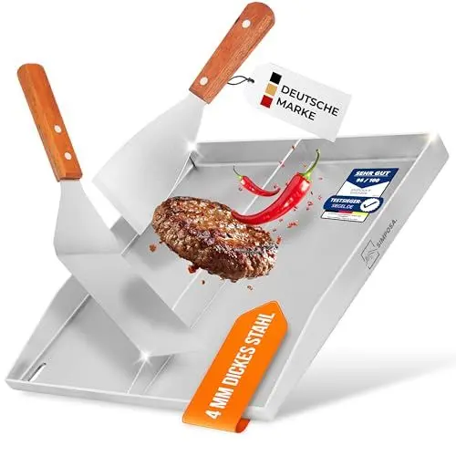 Produktbild: SIMPOSA Grillplatte/Plancha aus massivem & rostfreiem 4mm V2A Edelstahl (40x40x4cm) mit Trennwand inkl. 2X Grillspachteln mit Holzgriff - perfektes Grillset für sauberes & auslaufsicherem Grillen