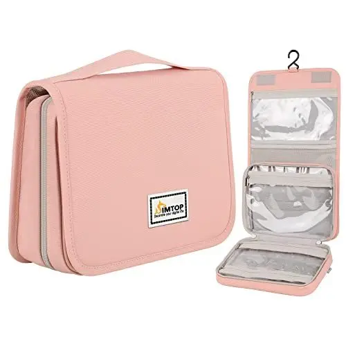 Produktbild: SIMTOP Kulturtasche Zum Aufhängen,Travel Essentials Kulturbeutel Toiletry Bag Wasserdicht Reise Kosmetiktasche Make up Tasche mit 3 Fächern Faltbare kompakte Größe für Damen (Rosa)