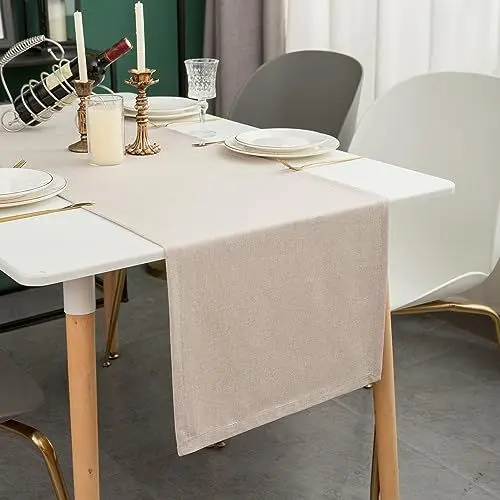 Produktbild: Simurq Tischläufer Modern | Tischläufer Abwaschbar – Wasserabweisend -Lotuseffekt | Tischläufer Outdoor - Pflegeleicht | Tischläufer Beige Creme | Table Runner Tischband (Beige, 30x120 cm)