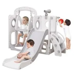 Produktbild: Sinbide Kinderrutsche 4 in 1 Multifunktionale Rutsche mit Basketballkorb Kletterleiter Schaukel Stauraum Fernglas Mini Kinderpark und multifunktionales Kinderspielzeug für 3-6 Jahre weiß
